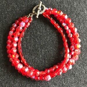 Vintage Handmade Triple Strand Red Aurora Borealis Czech Glass Sterling Clasp